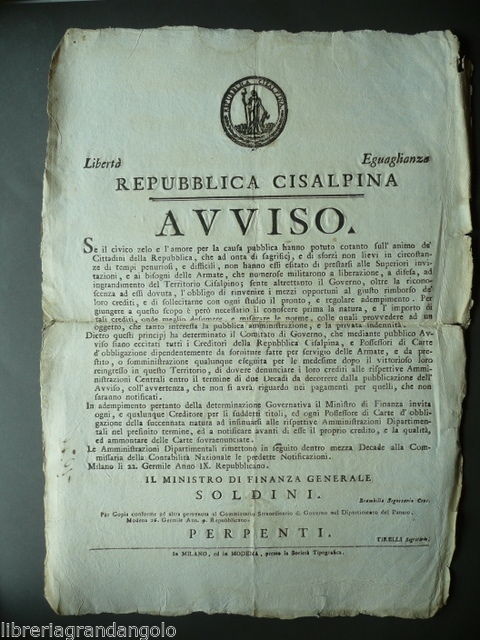 Grida Cisalpina Avviso Armate Prestiti Rimborsi Soldini Carte d'Obbligazione