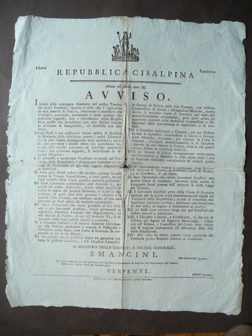 Grida Cisalpina Modena Anno IX Repubblicano Forestieri Sanit‡ 1800 Napoleone