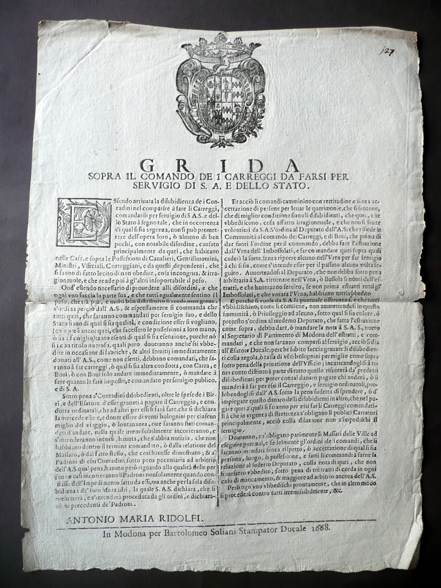 Grida Comando dei Carreggi Ducato Disposizioni Sanzioni Soliani Modena 1668