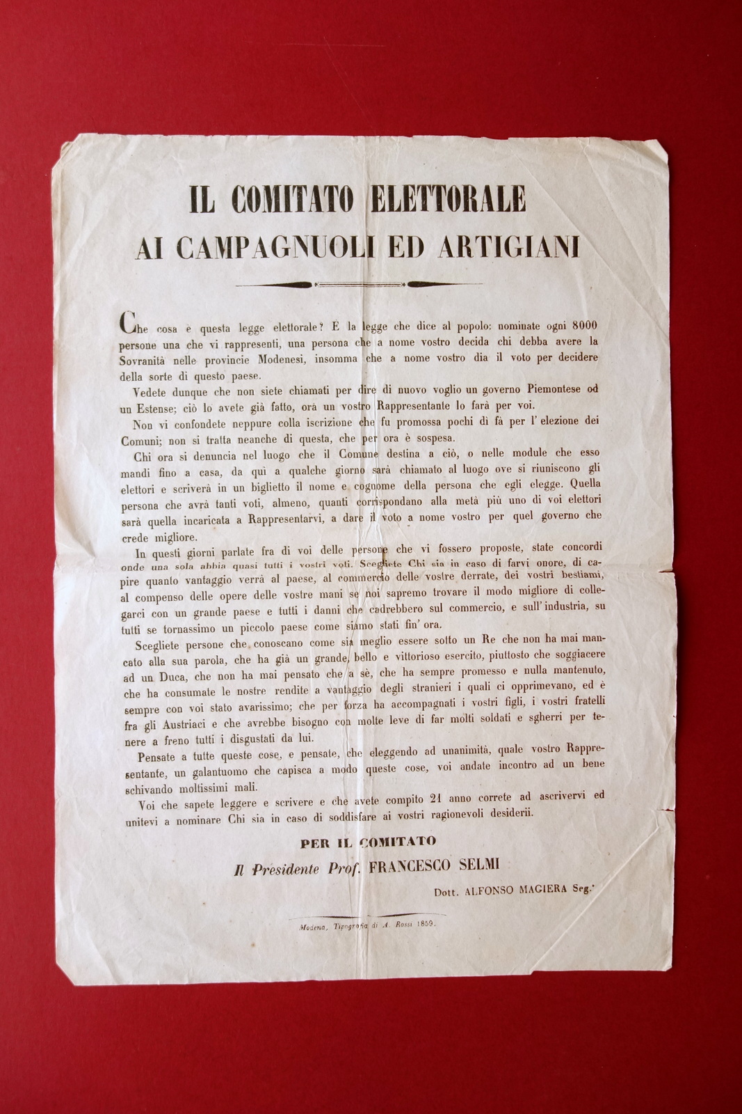 Grida Comitato Elettorale Bando Elezione Rappresentanti Modena 1859 Magiera