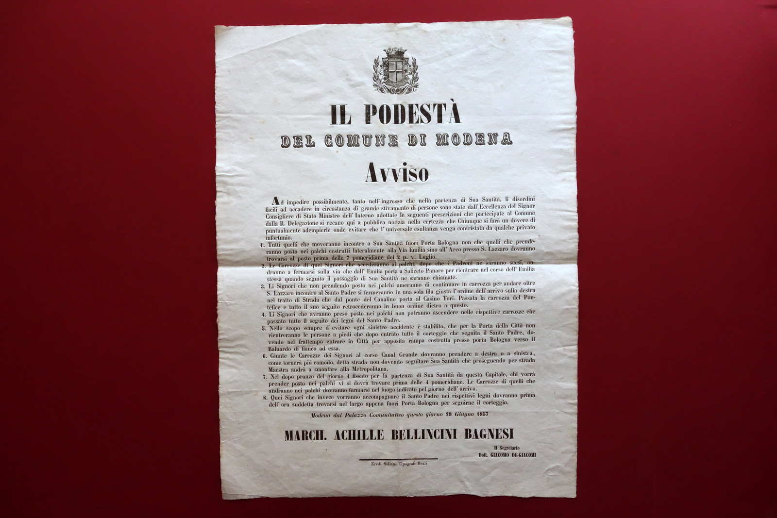 Grida Comune di Modena Visita Papa Pio IX Disposizioni Percorsi …