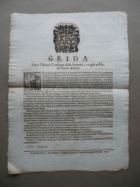 Grida Consegna Scritture Rogiti Pubblici Notai Defunti Cassiani Modena 1653