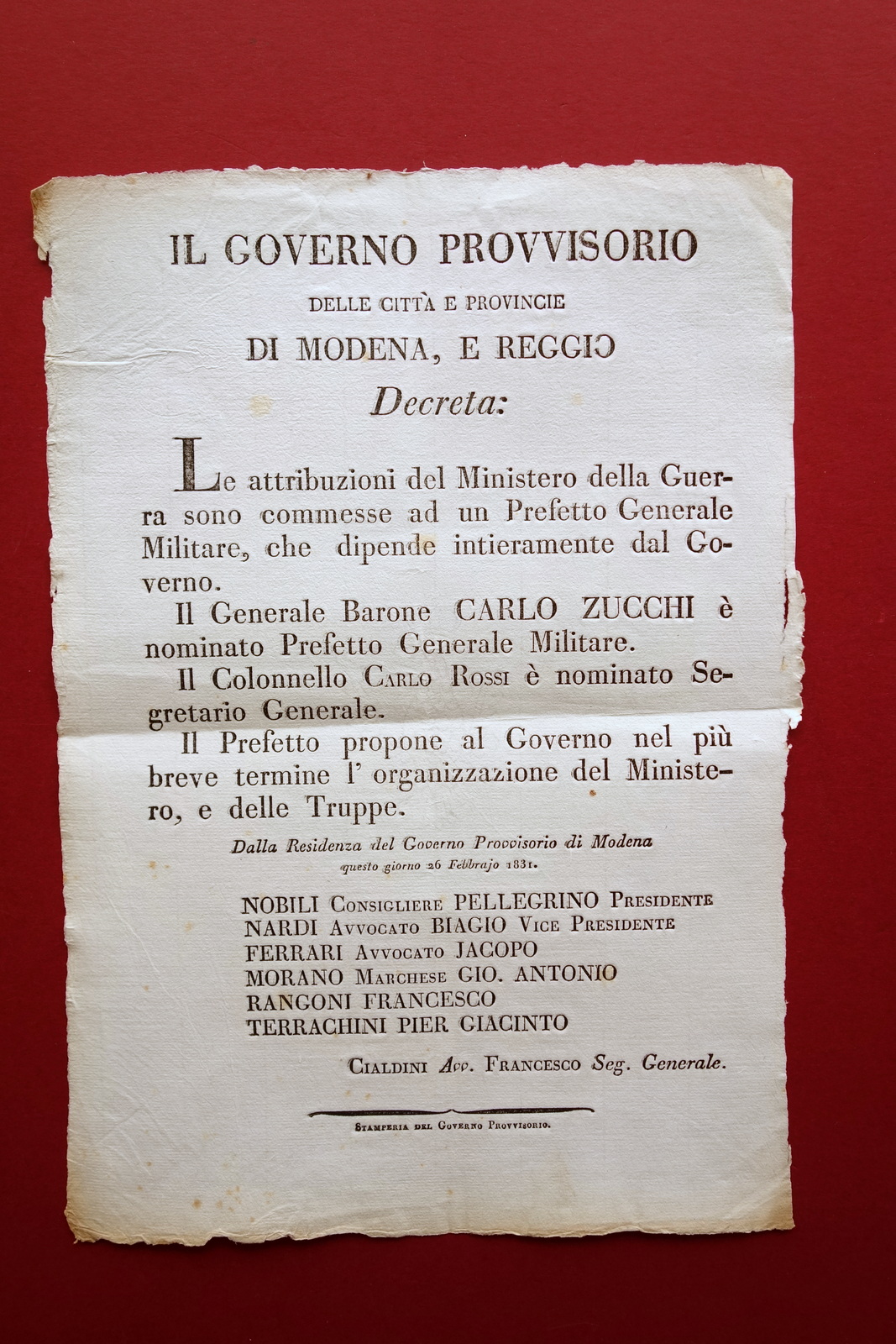 Grida Decreto Governo Provvisorio Nomina Generale Militare Carlo Zucchi 1831