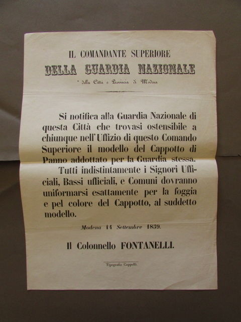 Grida Disposizioni Divise Uniformi Guardia Nazionale Fontanelli Modena 1859