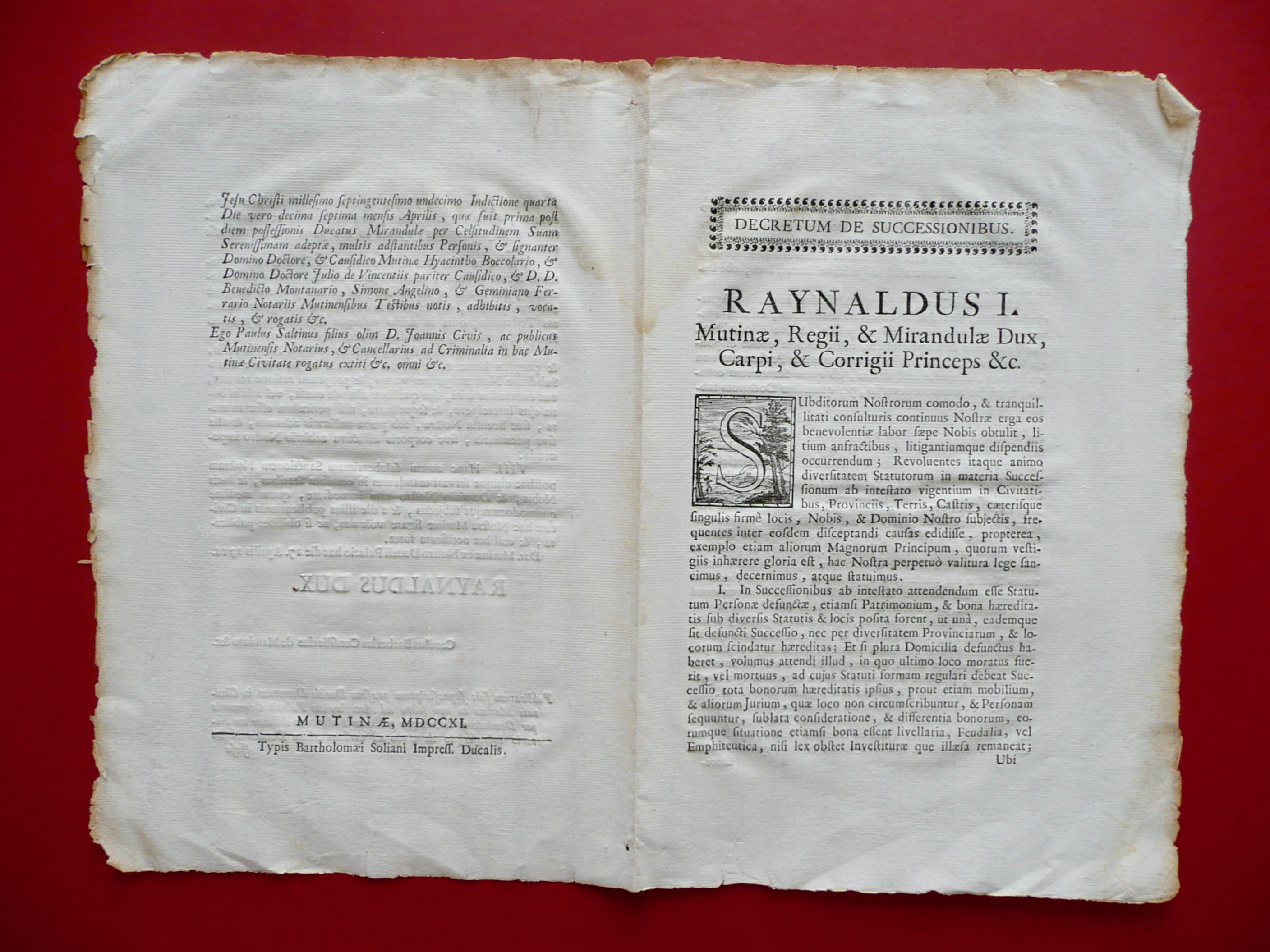 Grida Duca Rinaldo I d'Este Modena Decretum de Successionibus Soliani …