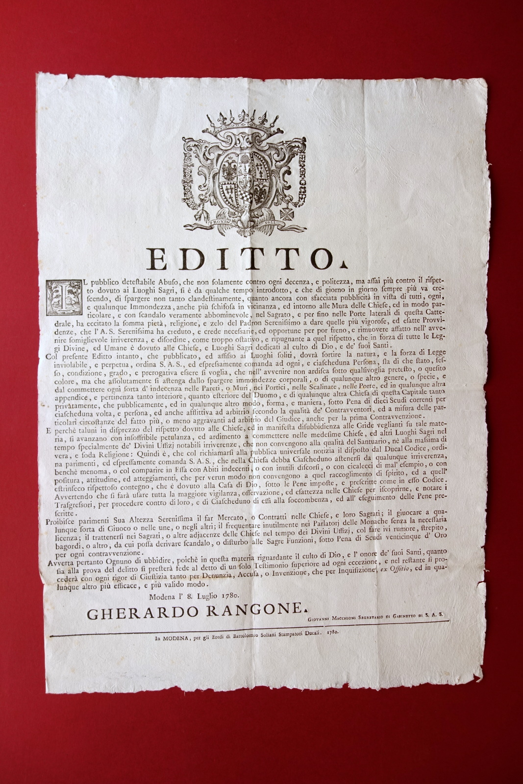 Grida Editto Rispetto dei Luoghi Sacri Pulizia Decoro 1780 Grande …