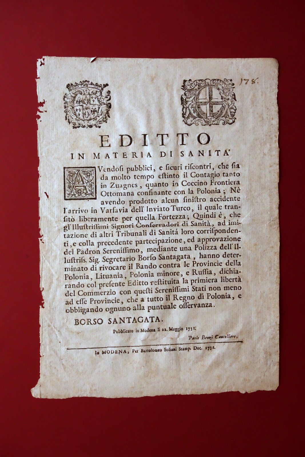 Grida Editto Sanit‡ Contagio Apertura Commercio Lituania Polonia Russia 1731