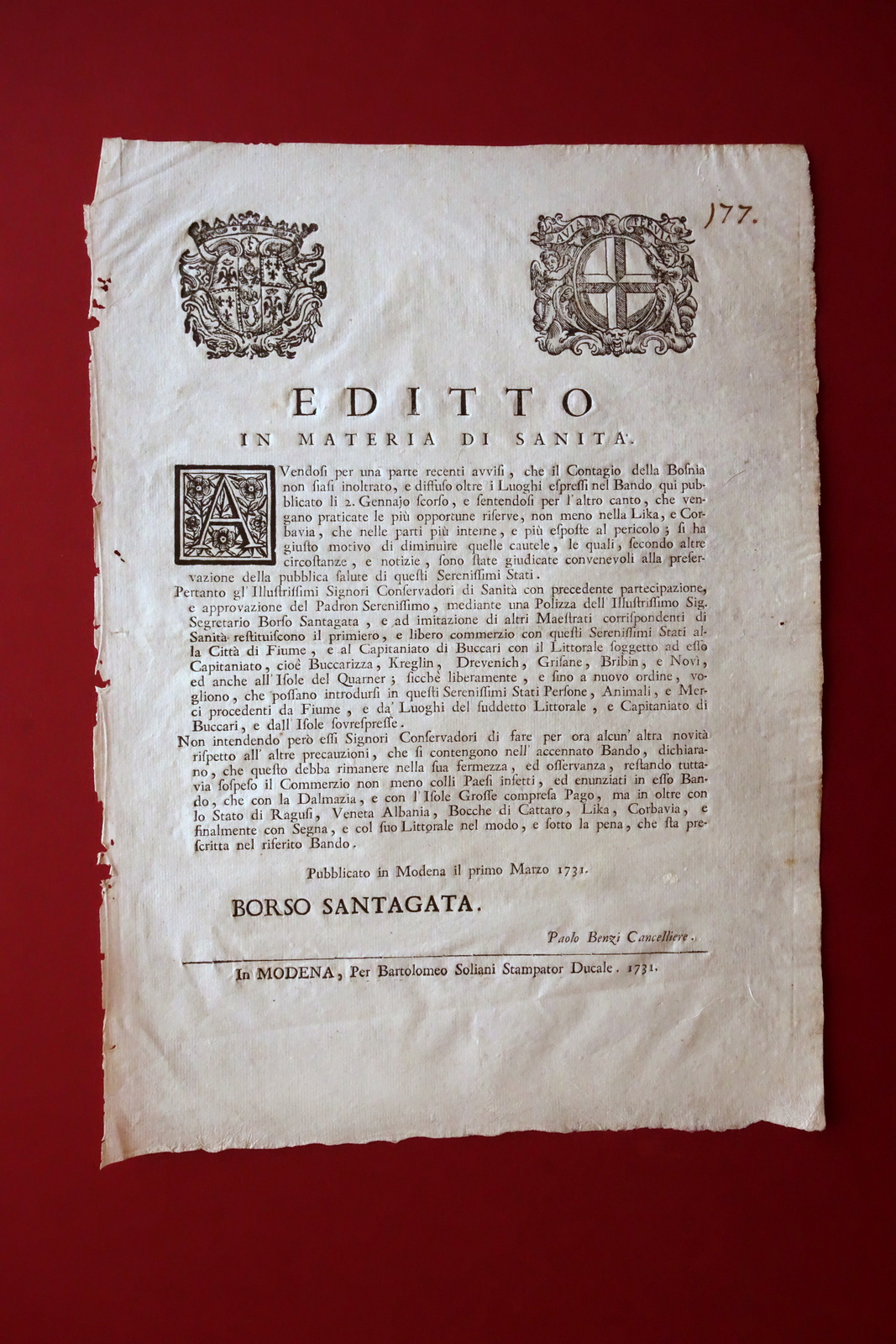 Grida Editto Sanit‡ Contagio della Bosnia Fiume Buccari Dalmazia Modena …