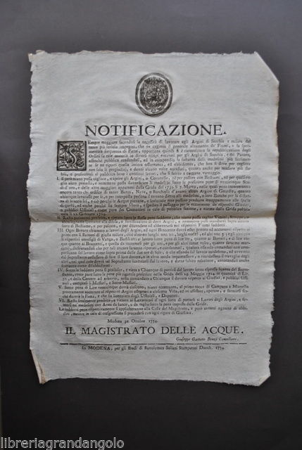 Grida Estensi Modena Fiumi Idraulica Argini Secchia Navigazione Barche 1754