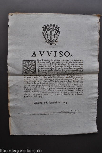 Grida Estensi Modena Tasse Estimo Rusticale Argine Secchia Fiumi 1754