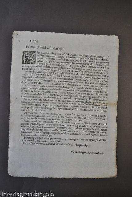 Grida Farina Frumento Grano Macinato Mulini Mugnai Modena 1646