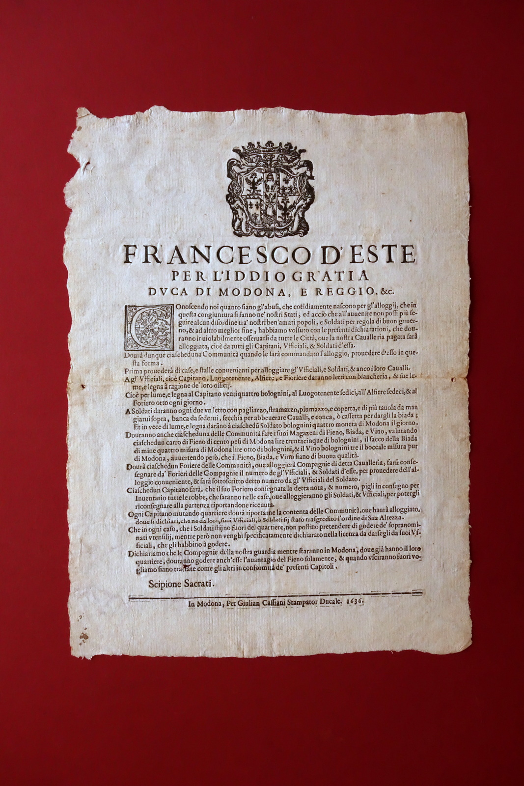Grida Francesco d'Este Alloggiamenti Cavalleria Ufficiali Soldati Modena 1636