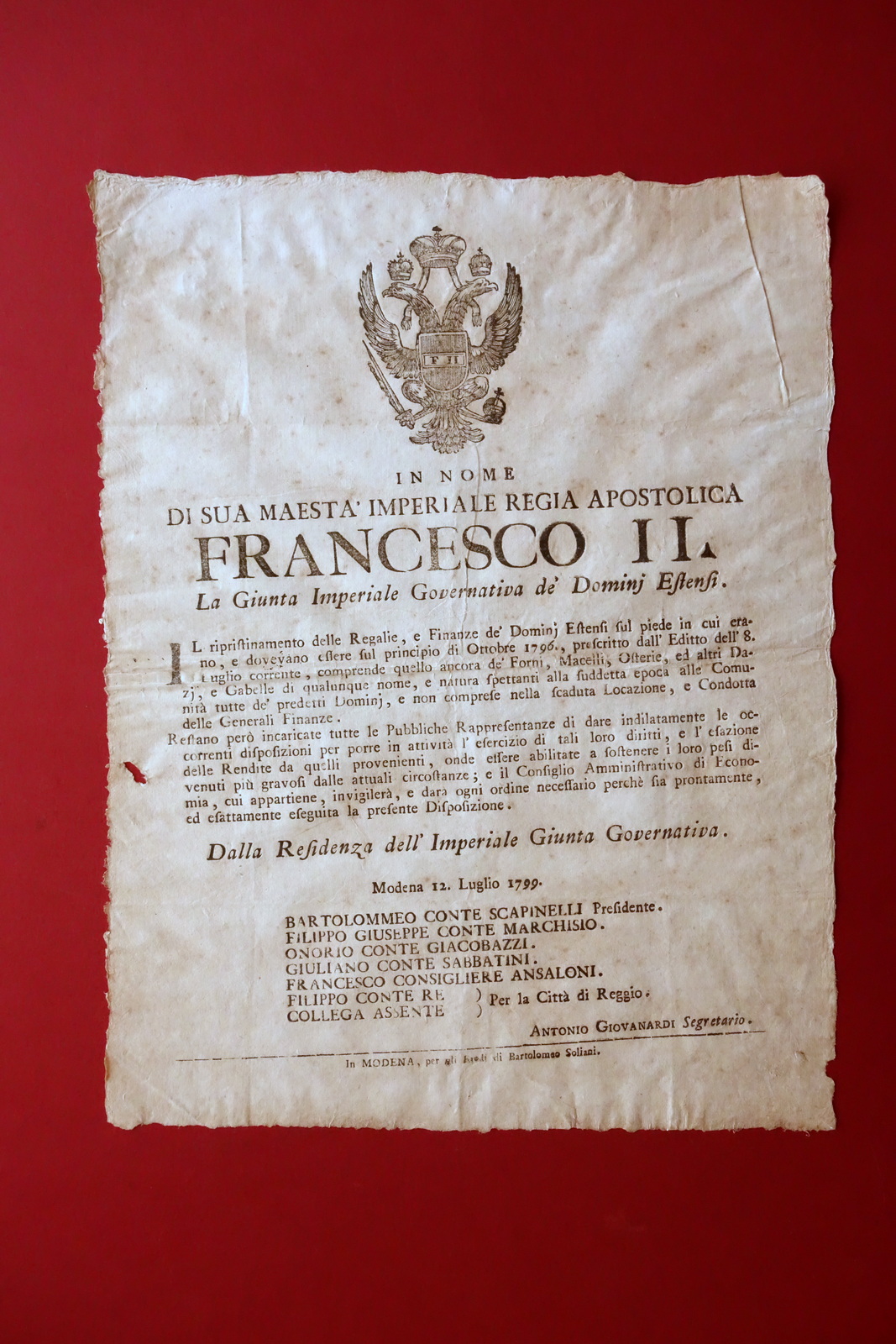 Grida Francesco II Ripristino Regalie Esazione Osterie Forni Macelli Modena …