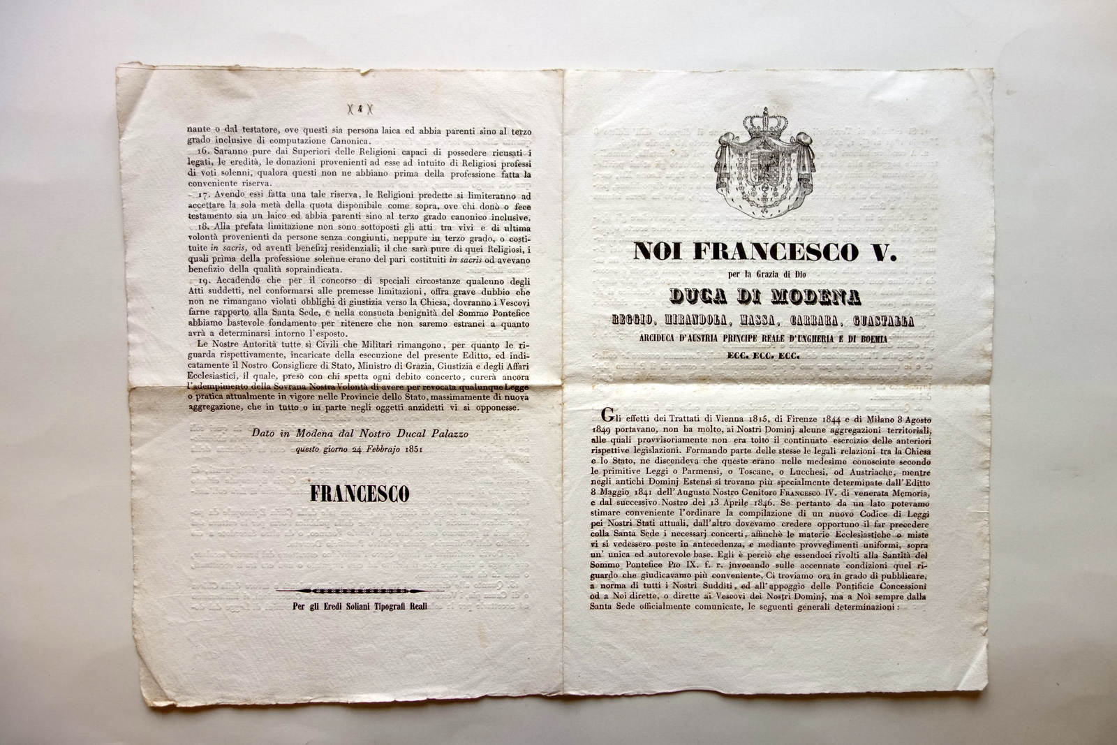 Grida Francesco V Acquisizioni Territoriali Punti d'Accordo Santa Sede 1851