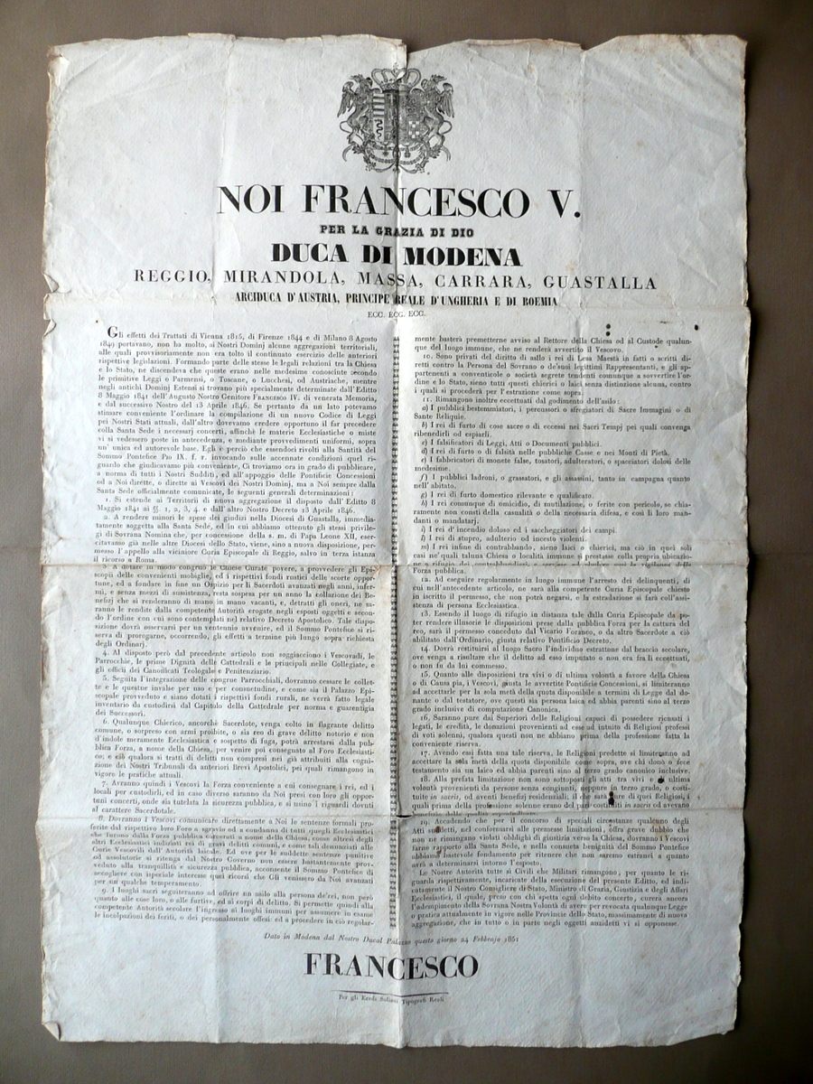 Grida Francesco V Duca di Modena Disposizioni Nuovi Territori Diritto …