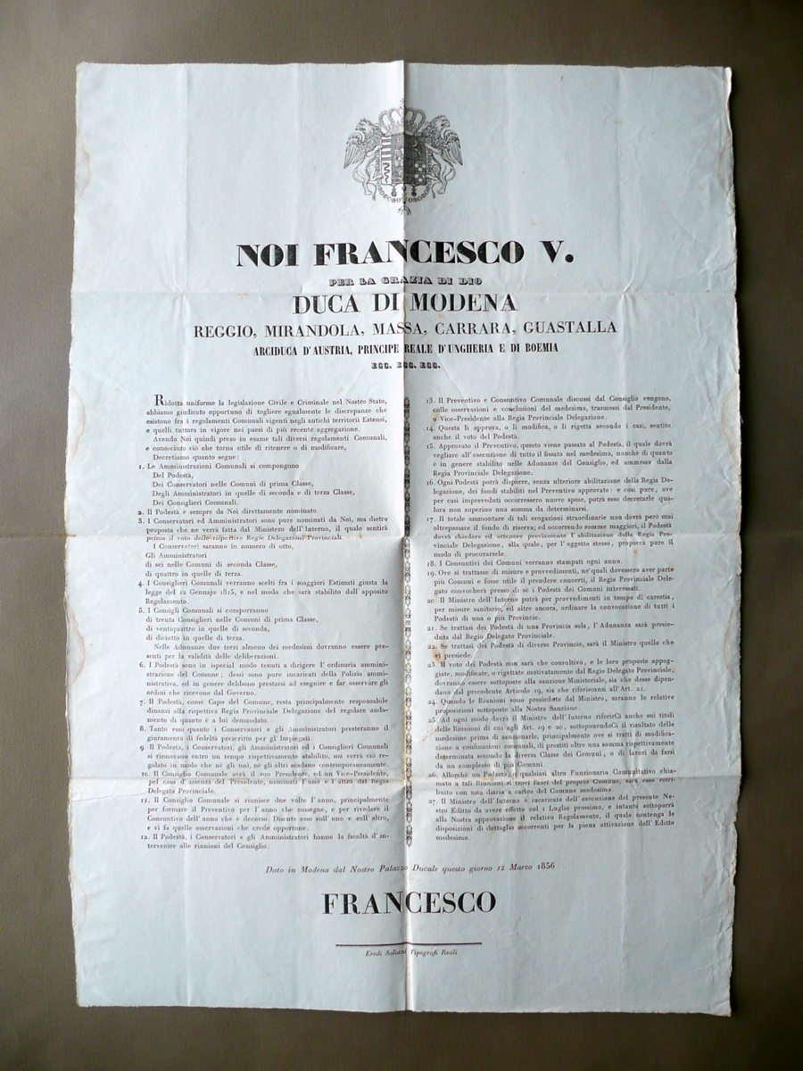 Grida Francesco V Regolamento Amministrazione Comunale Cariche Soliani 1856