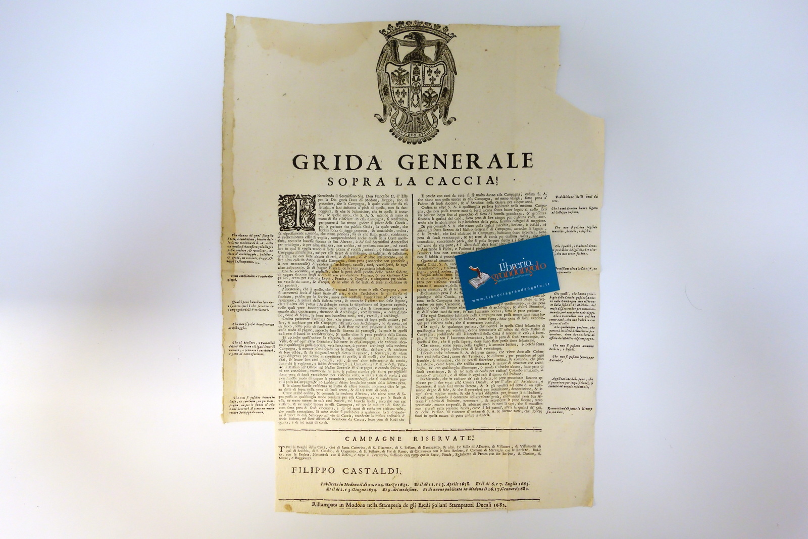 Grida Generale Sopra la Caccia Francesco II Este Soliani Modena …