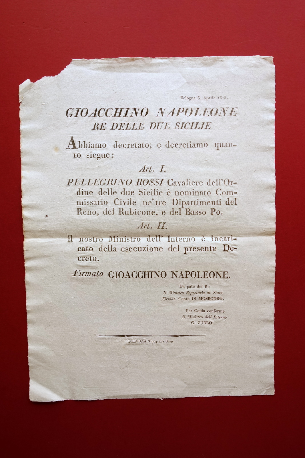 Grida Gioacchino Napoleone Re Due Sicilie Nomina Pellegrino Rossi Sassi …