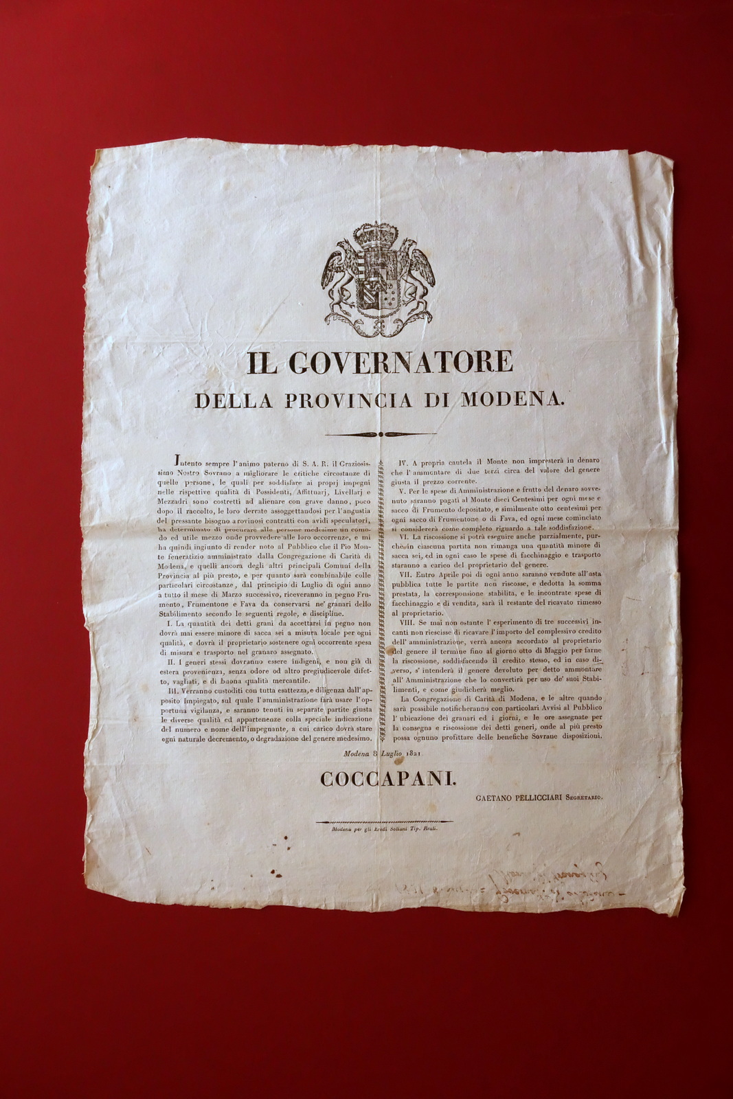 Grida Governatore Modena Congregazione di Carit‡ Frumento Frumentone 1821