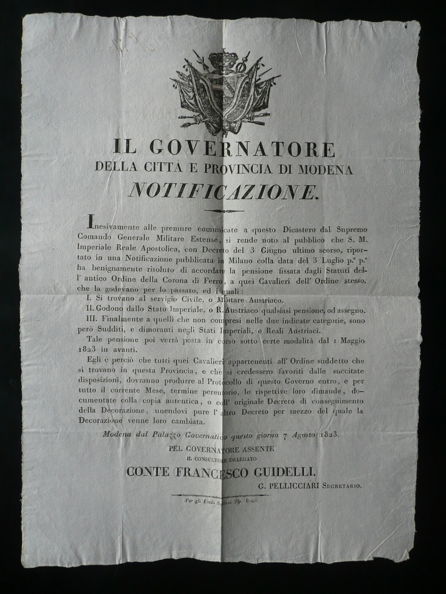 Grida Governatore Modena Pensione Cavalieri Ordine Corona di Ferro Austria …