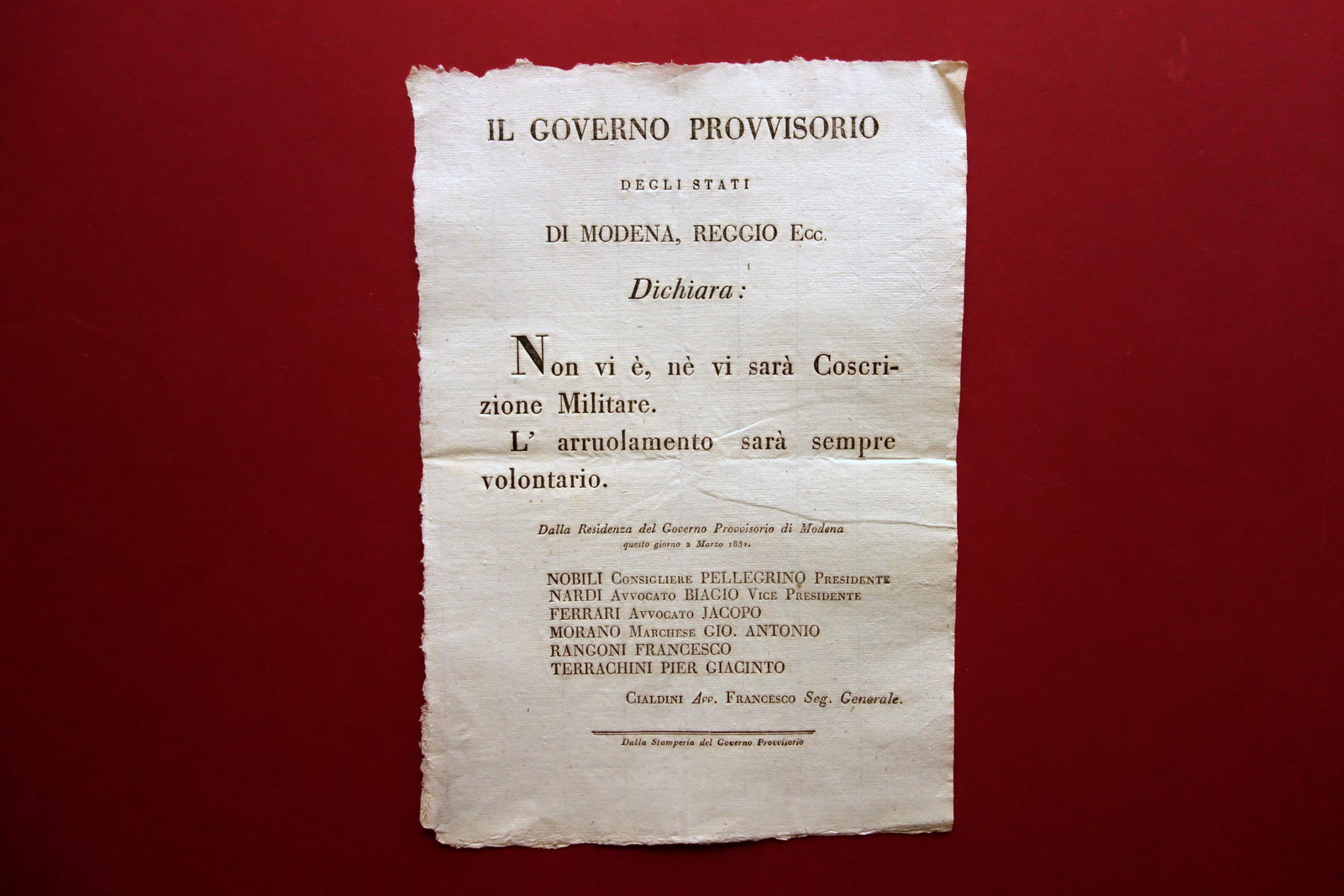 Grida Governo Provvisorio Modena Abolizione Coscrizione Militare 1831 Nardi