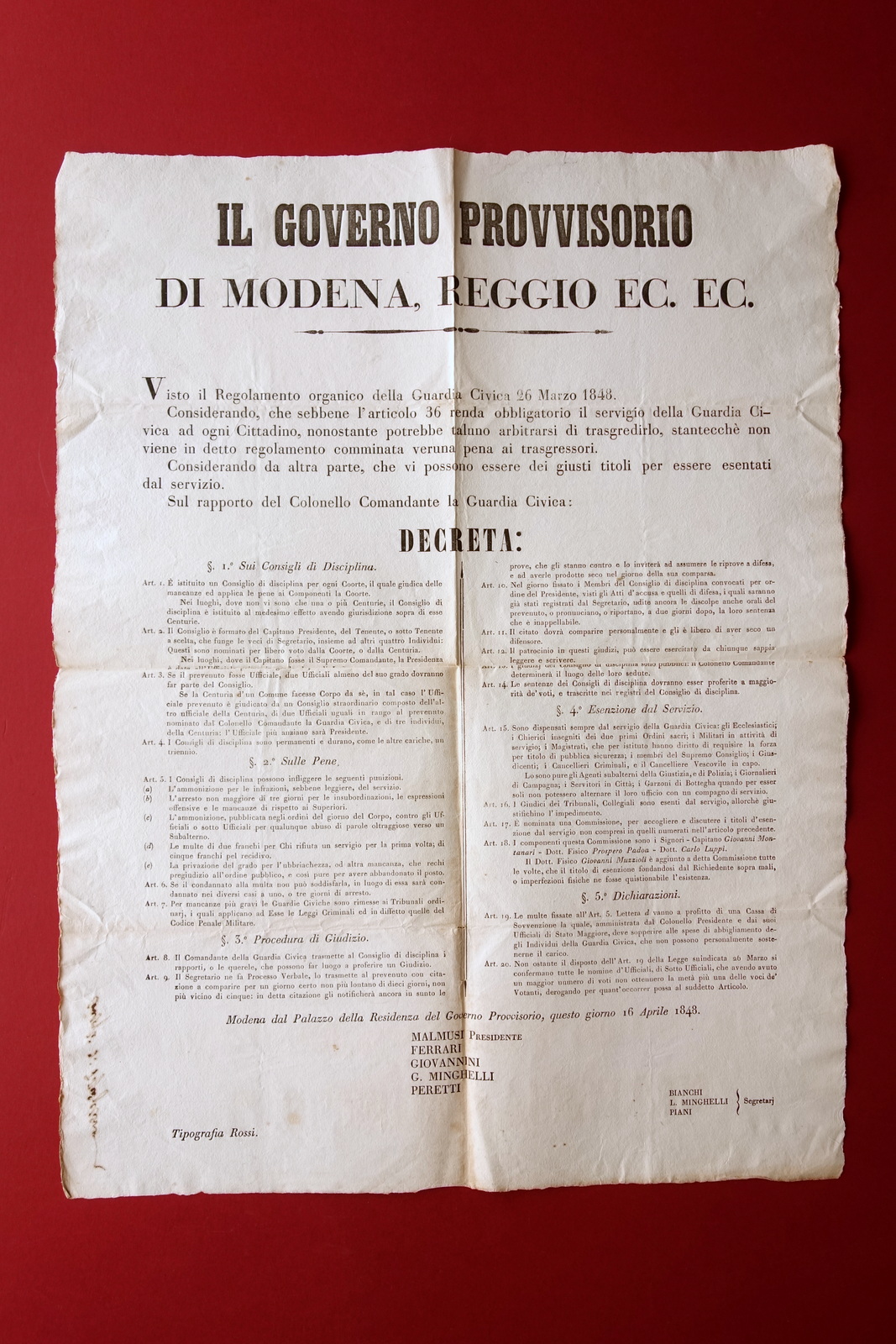 Grida Governo Provvisorio Modena e Reggio 1848 Guardia Civica Regolamento