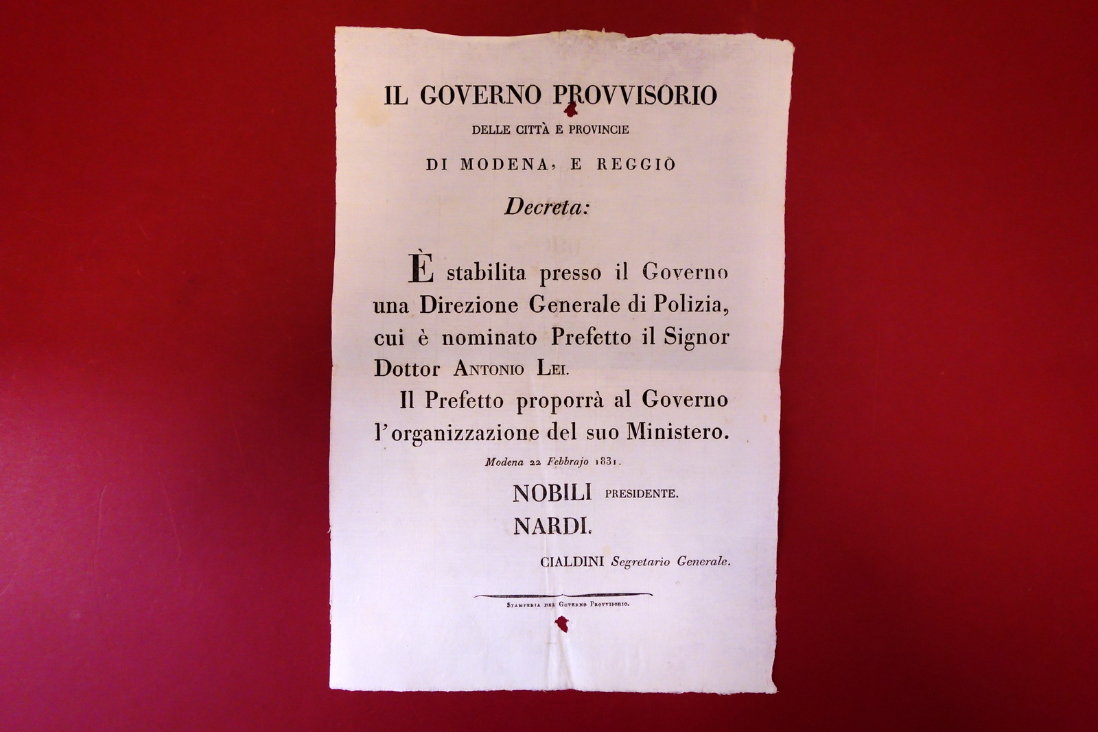 Grida Governo Provvisorio Modena e Reggio Direzione di Polizia Lei …