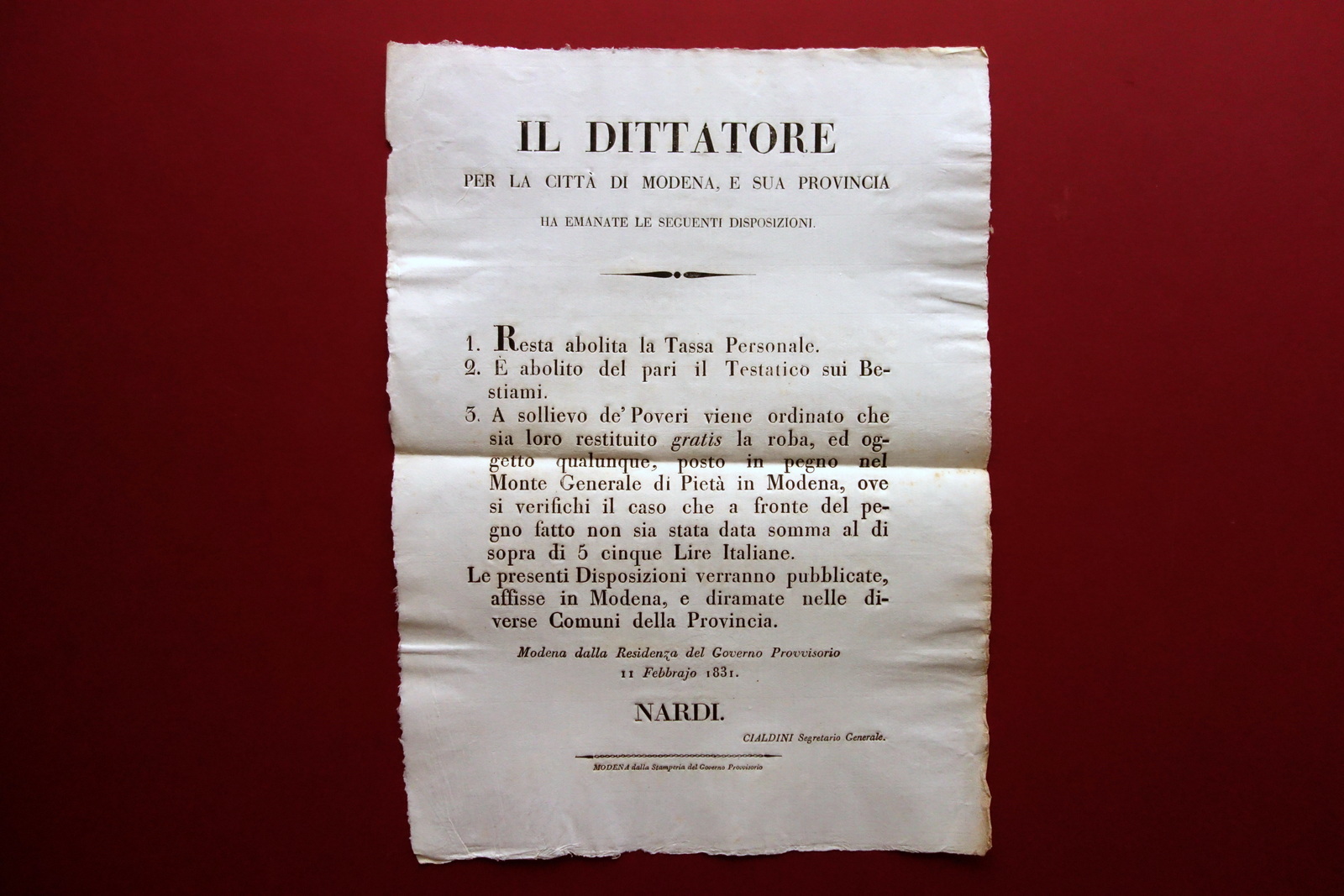 Grida Governo Provvisorio Modena Nardi Abolizione Tassa Personale Testatico 1831