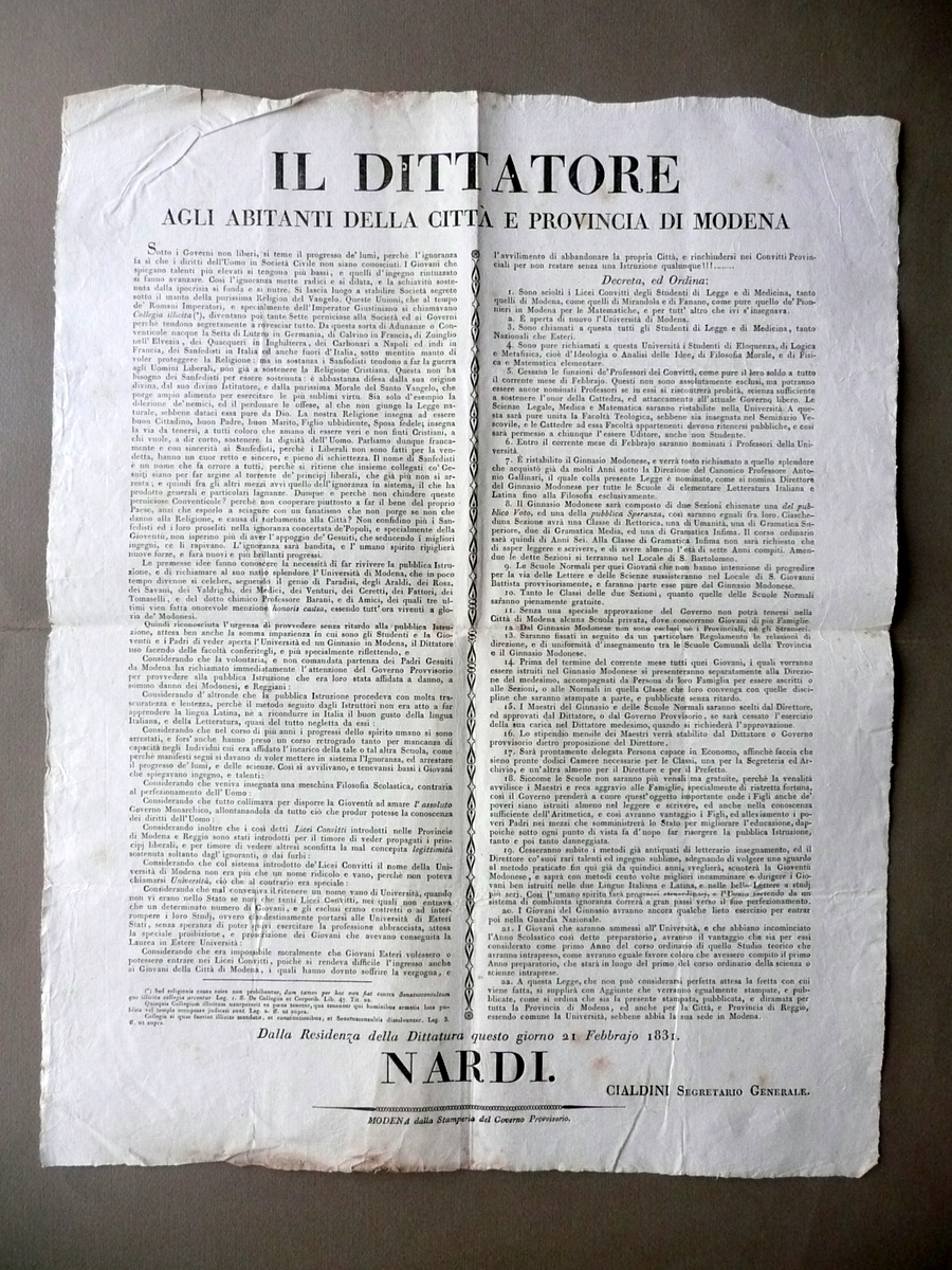 Grida Governo Provvisorio Modena Riapertura Riforma Istruzione 1831 Illuminismo