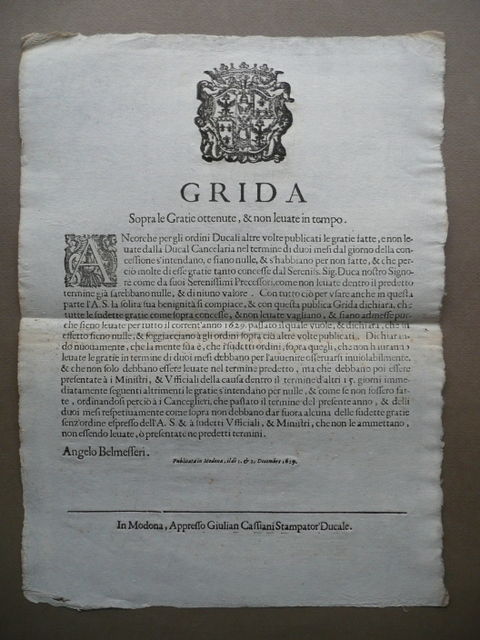 Grida Grazie Ottenute Non Levate Belmelleri Cassiani Modena 1629 Diritto …