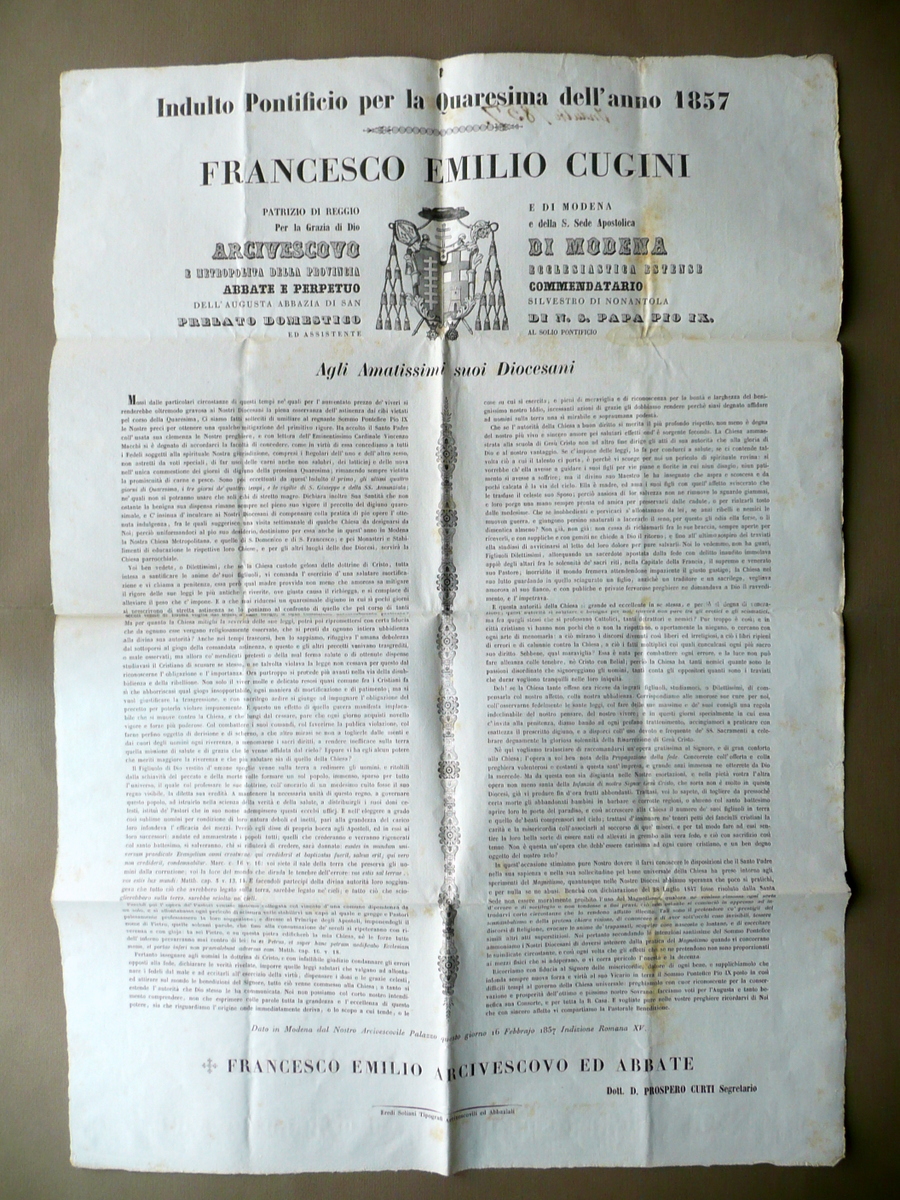 Grida Indulto Pontificio Quaresima 1857 Contro Magnetismo Sonnambulismo Soliani