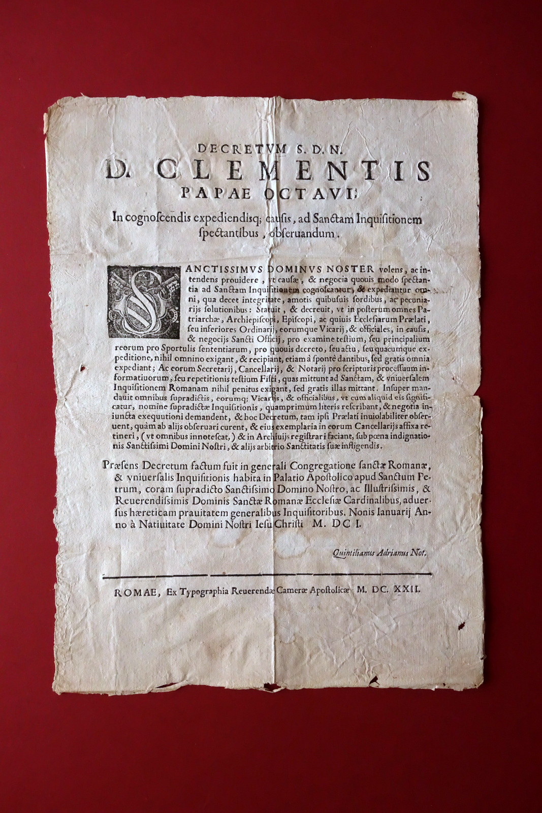 Grida Inquisizione Clemente VIII Decreto Compensi per Cause Processi Roma …