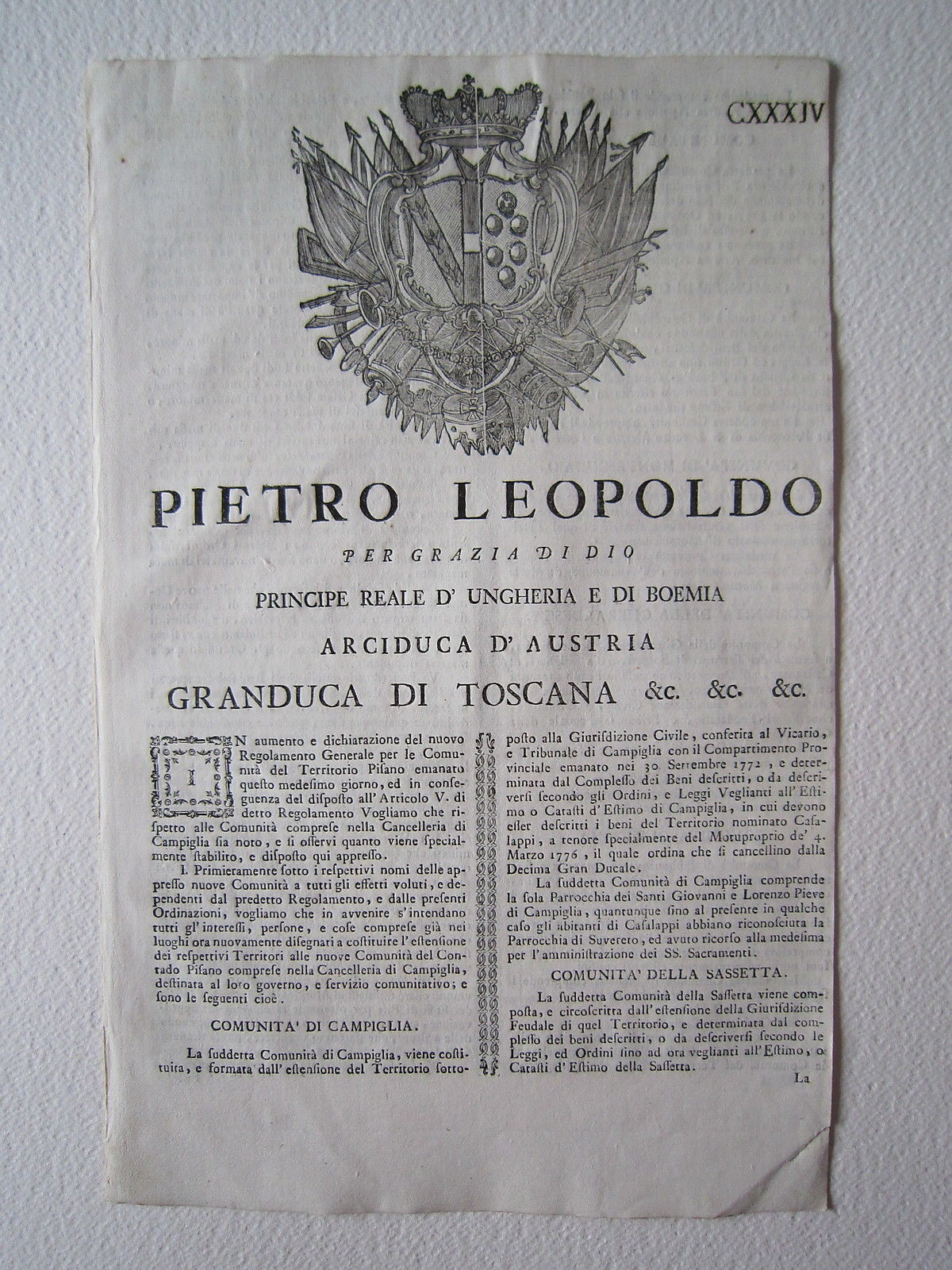 Grida Leopoldo Granducato Toscana 1776 Campiglia Sassetta Casale Bibbona Estimo
