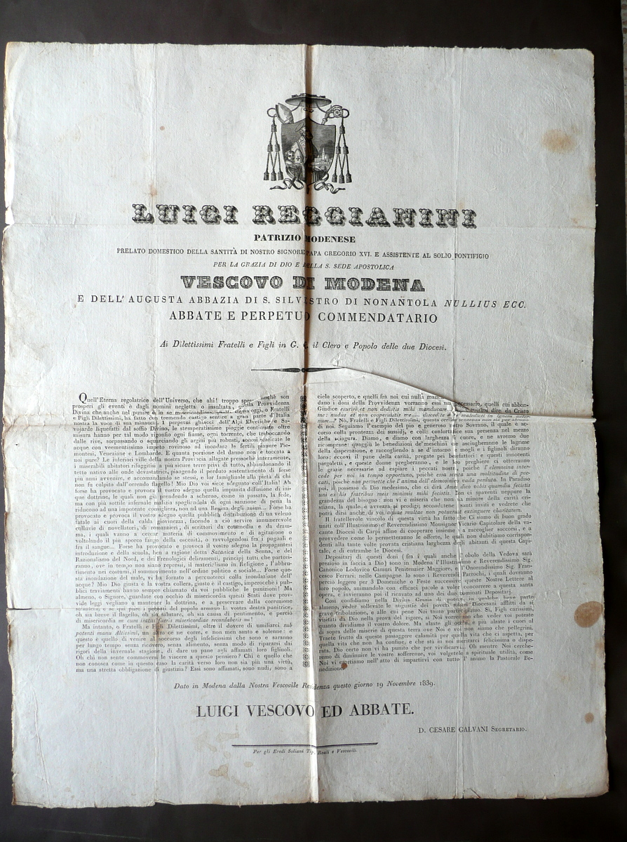 Grida Luigi Reggianini Vescovo Modena Antimassonica Punizione Alluvione 1839