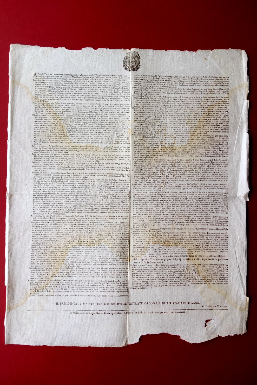 Grida Milano Pagamento Imposte della Cavalleria Pandolfo Malatesta 1718