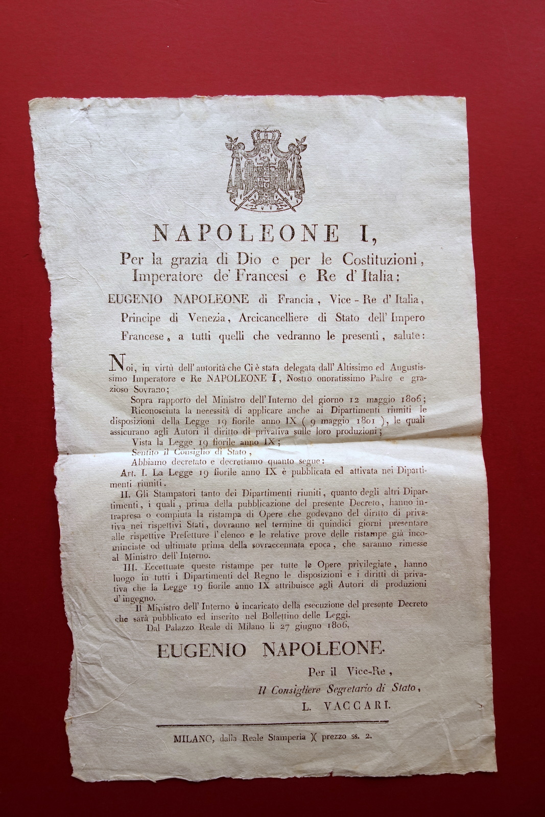 Grida Napoleone I Autori Diritto di Privativa Norme Stampatori 1806