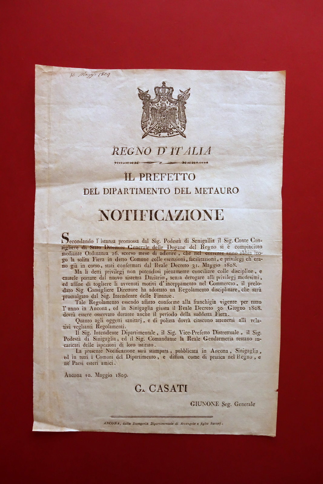 Grida Notificazione Dipartimento del Metauro Fiera di Senigallia Ancona 1809