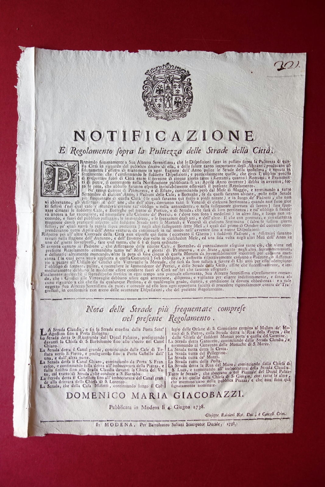 Grida Notificazione Regolamento Pulizia Strade Modena Elenco Nomi Soliani 1738