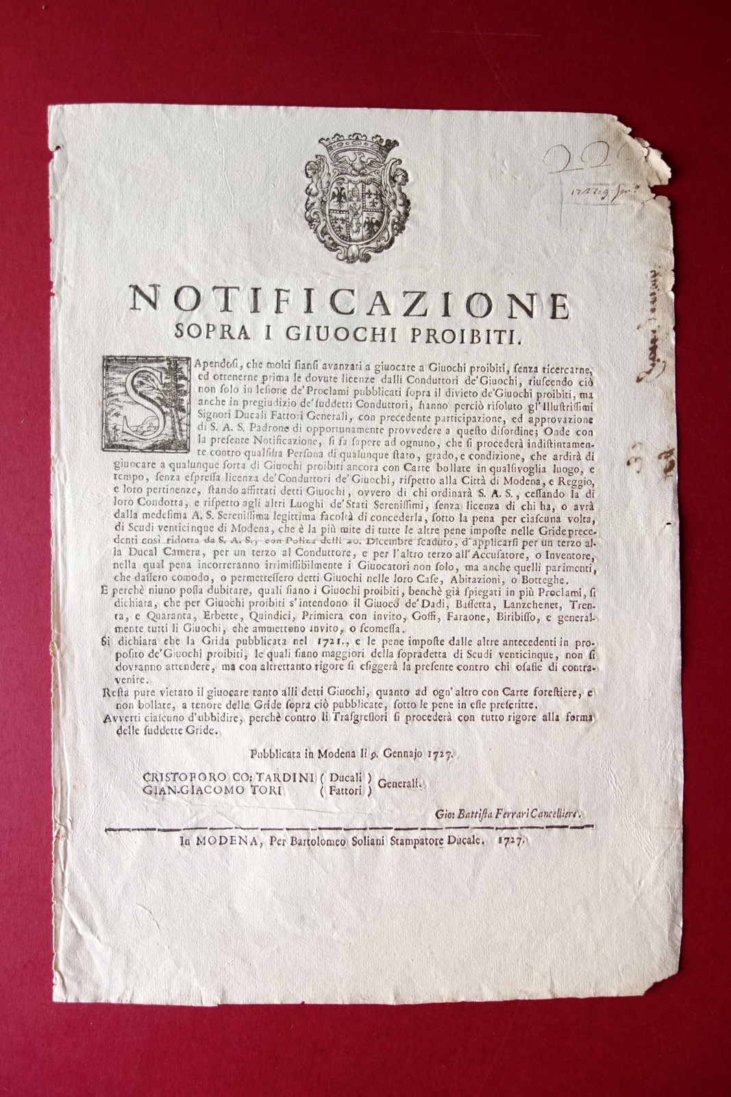 Grida Notificazione Sopra i Giuochi Proibiti Dadi Carte Bollate Scommesse …