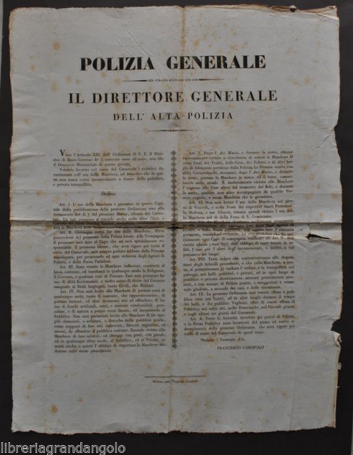 Grida Polizia Generale Carnevale Uso Maschere Disposizioni Risorgimento 1832