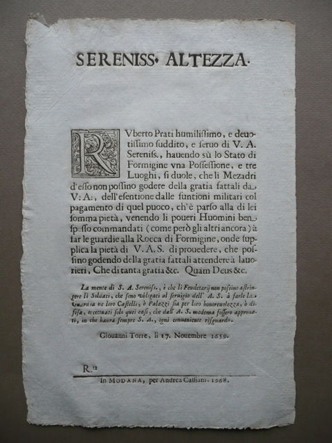 Grida Possessione Stato Formigine Rocca Soldati Servizio Cassiani Modena 1659