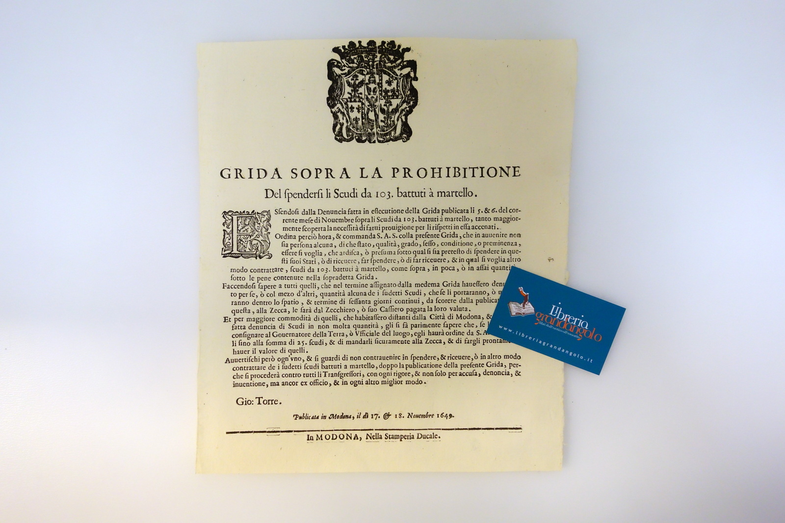 Grida Proibizione del Spendersi Scudi da 103 Battuti a Metallo …