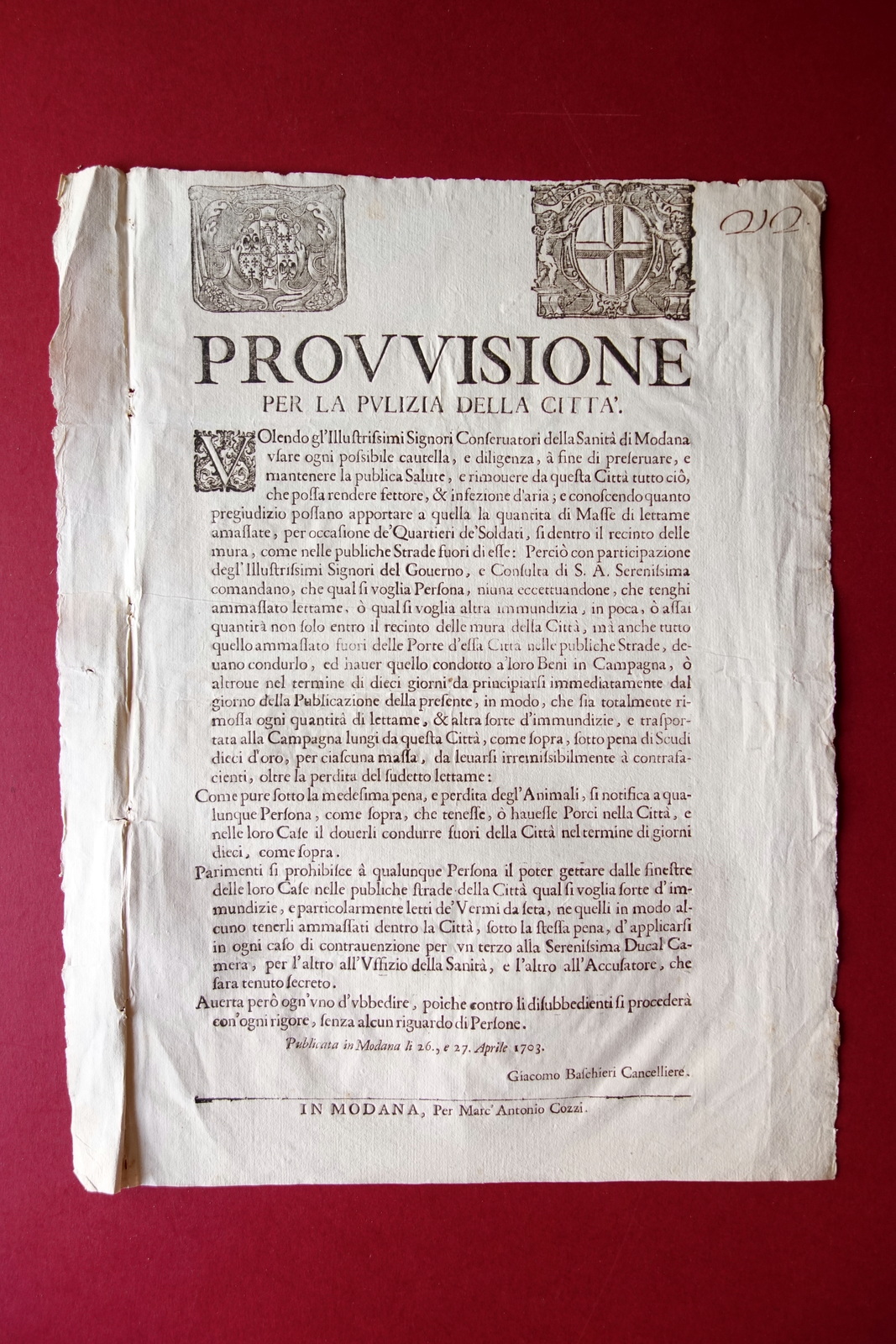 Grida Provvisione per la Pulizia della Citt‡ Cozzi Modena 1703 …
