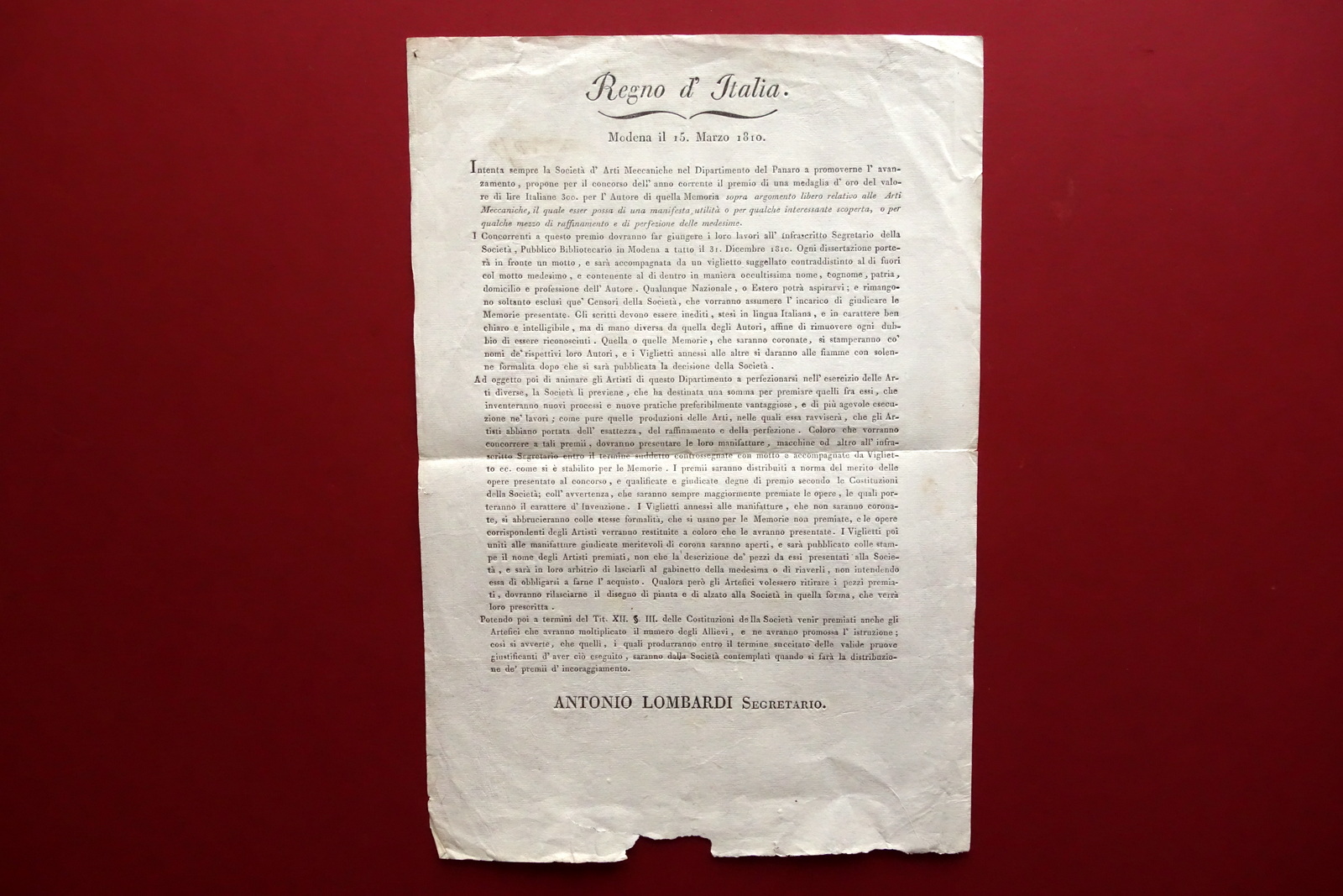 Grida Regno d'Italia Dipartimento Panaro Concorso Arti Meccaniche Modena 1810