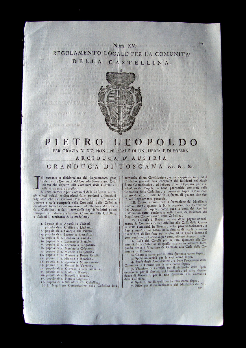 Grida Regolamento comunit‡ Castellina 1774 Pietro Leopoldo Num XV