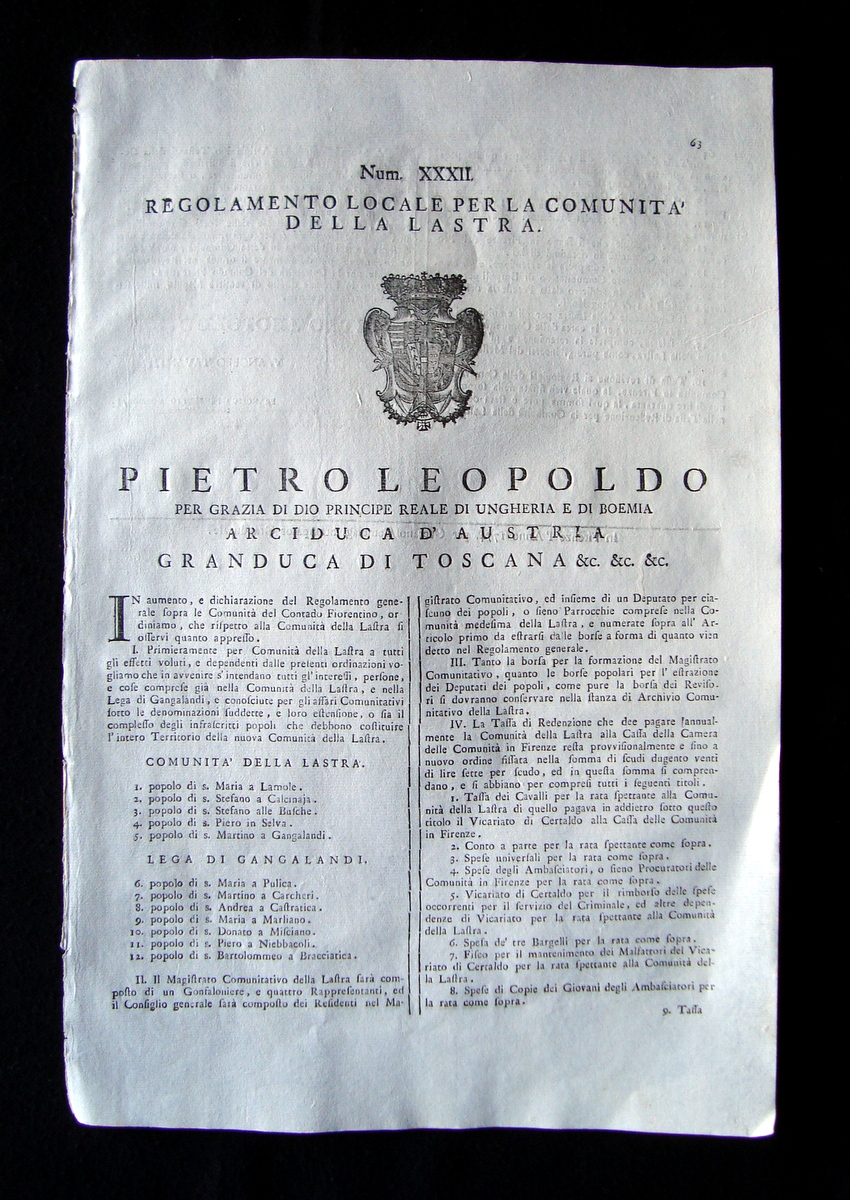 Grida Regolamento comunit‡ Lastra 1774 Pietro Leopoldo Num XXXII