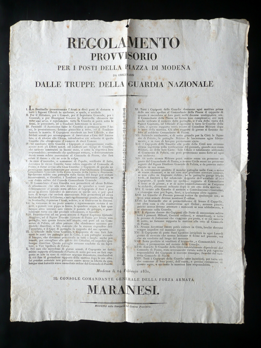 Grida Regolamento Provvisorio Posti Piazza di Modena Guardia Nazionale 1831
