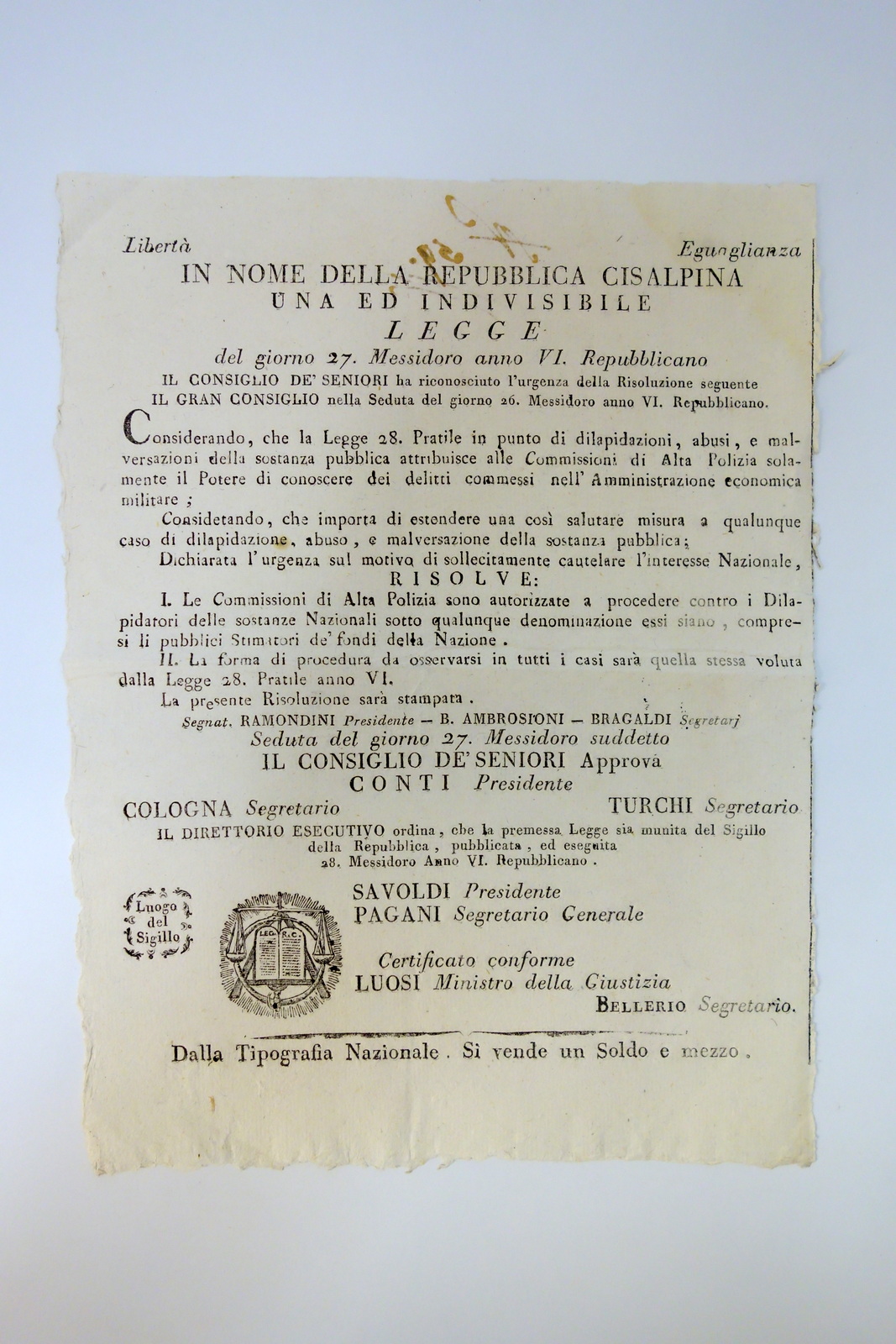 Grida Repubblica Cisalpina Abusi Amministrazione Economica Alta Polizia 1798