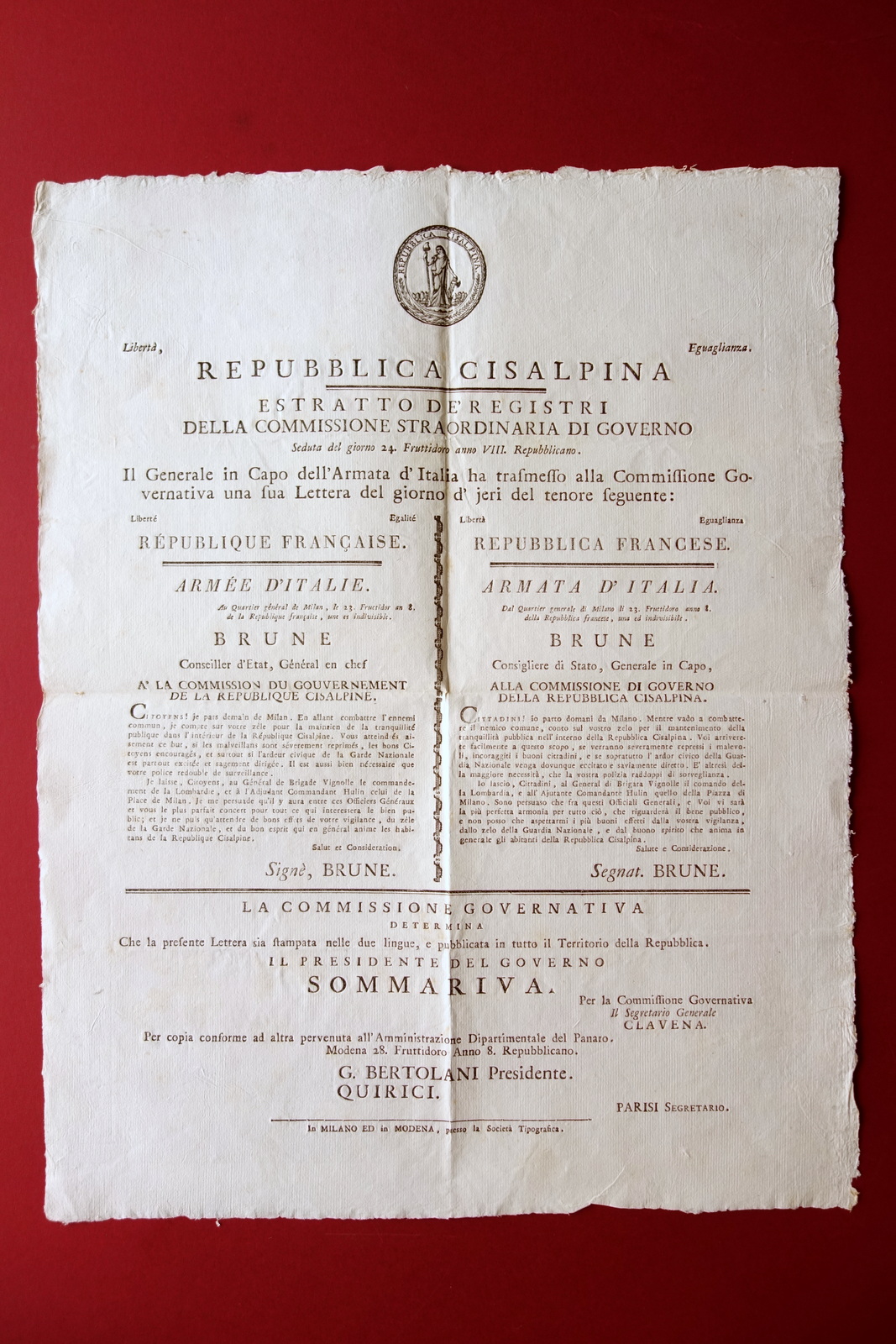 Grida Repubblica Cisalpina Armata d'Italia Ordine Pubblico Lombardia Milano 1800