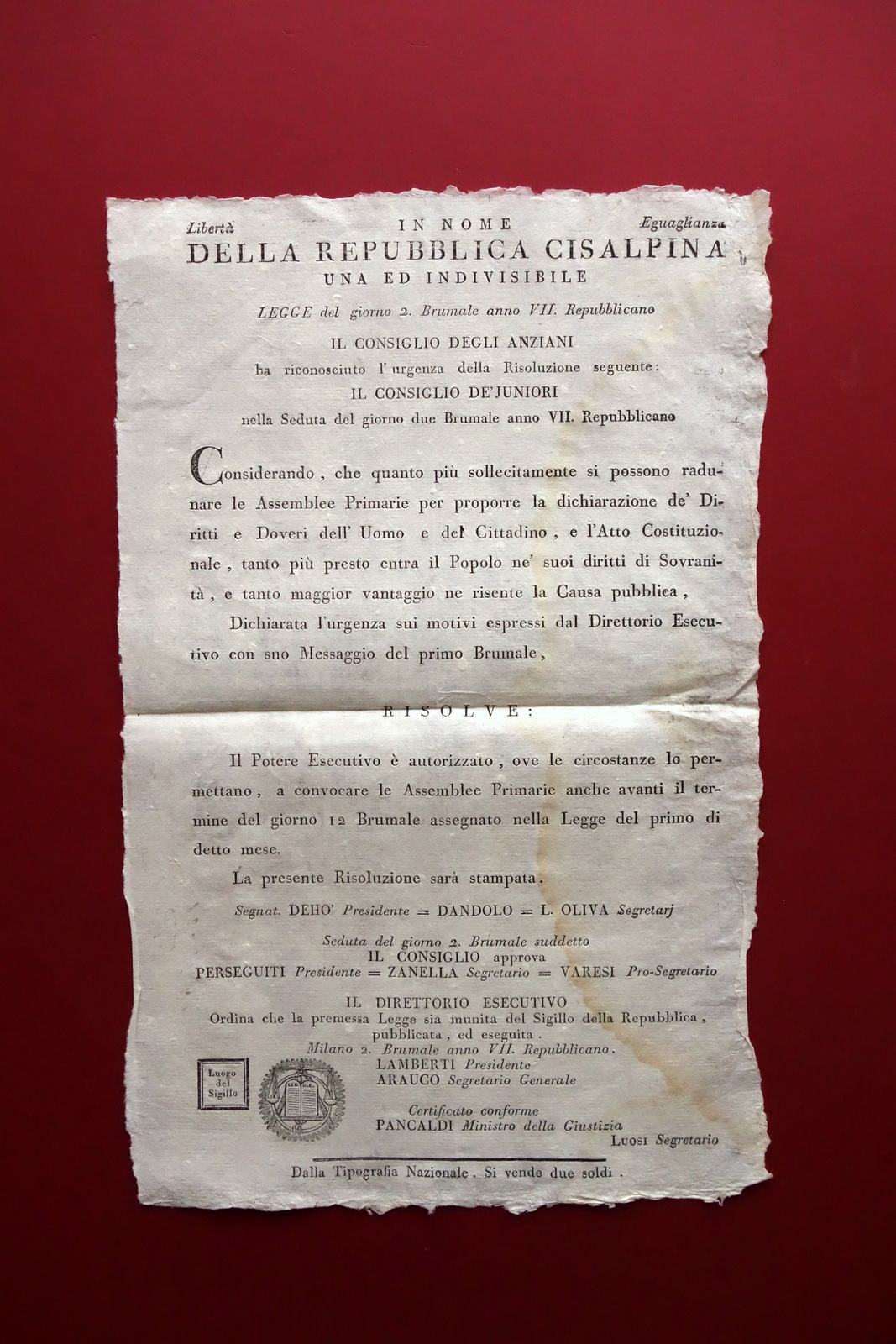 Grida Repubblica Cisalpina Convocazione Assemblee Diritti e Doveri del Cittadino